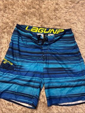Laguna B Men's Blue Striped Swim Board Shorts with Yellow Logo